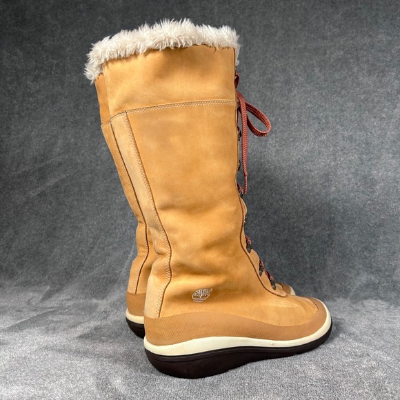 Timberland Boots Tall Tan Suede Faux Fur Lined Lace Up Winter Women 10 M - Picture 7 of 15